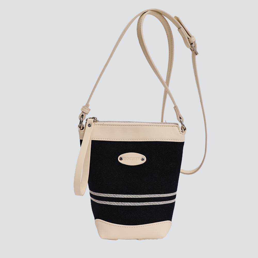 Black White Striped Canvas Leather Mini Bucket Crossbody Bag