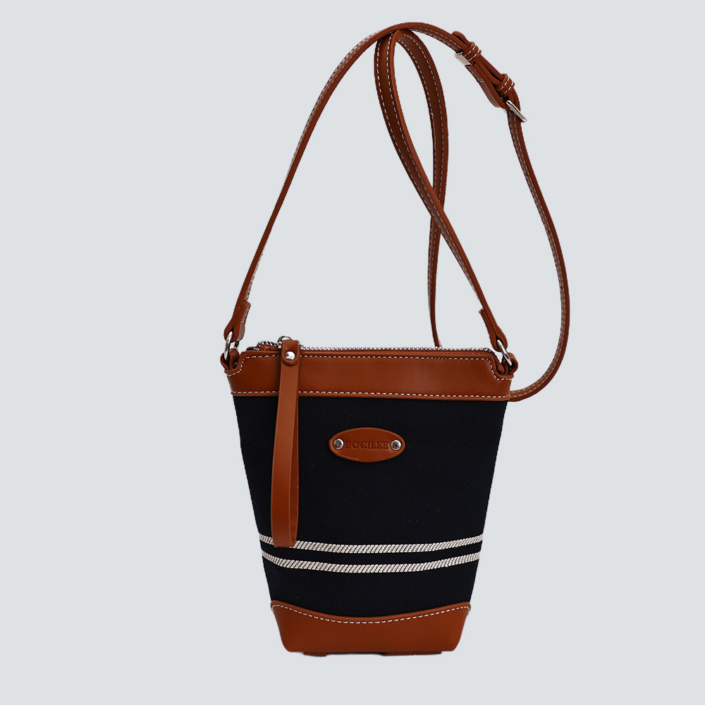 Black White Striped Canvas Leather Mini Bucket Crossbody Bag - Image 4