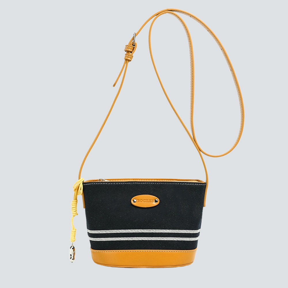 Black White Striped Canvas Mini Bucket Crossbody Bag - Image 4