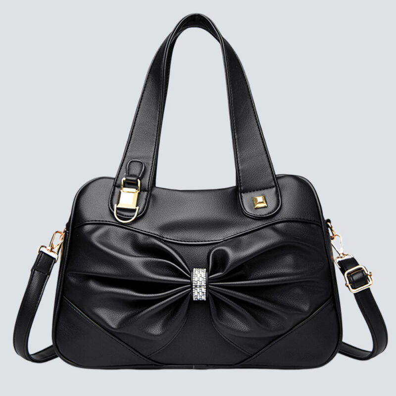 Rhinestone Bow Soft Leather Commute Tote Bag, Dual-use Crossbody Handbag