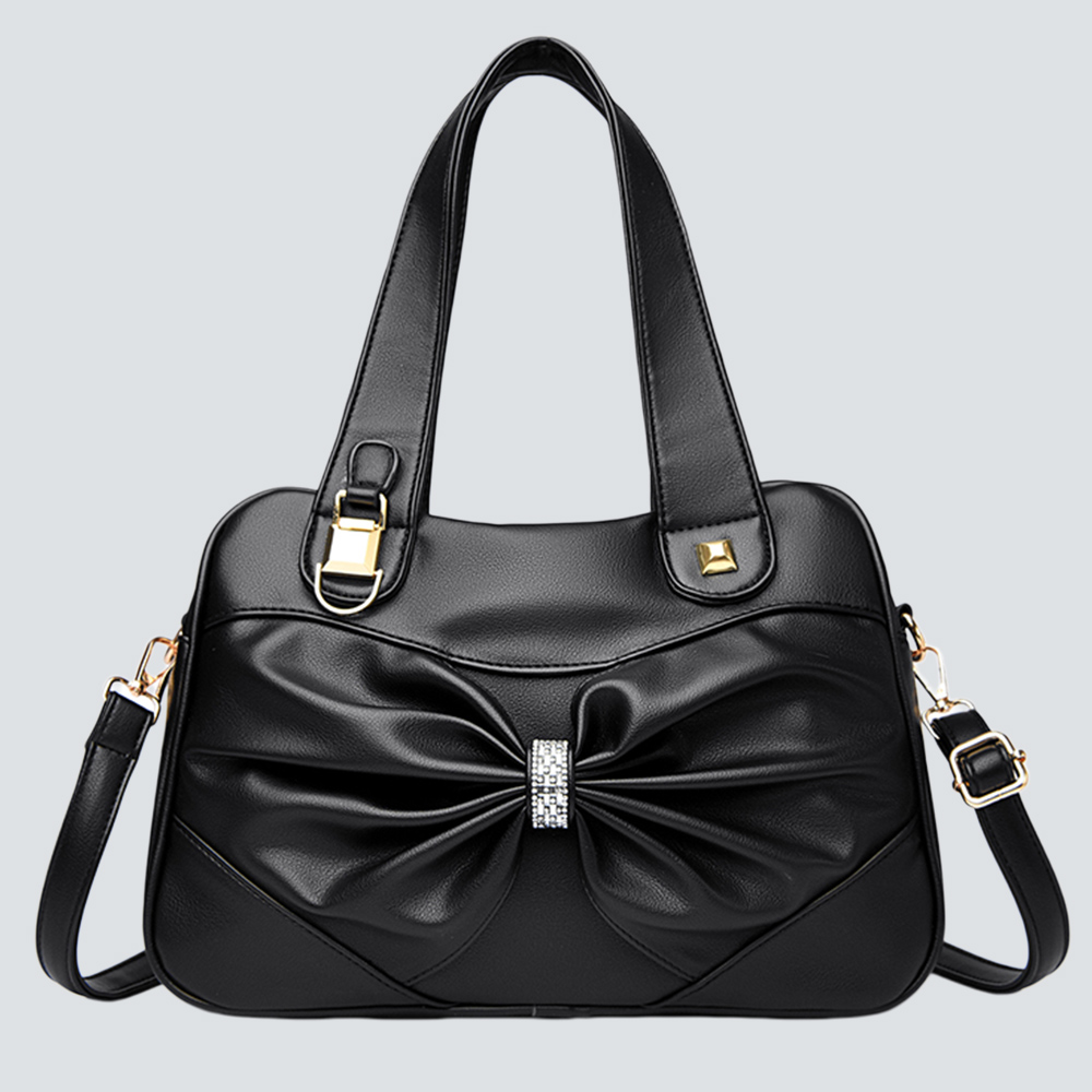 Rhinestone Bow Soft Leather Commute Tote Bag, Dual-use Crossbody Handbag