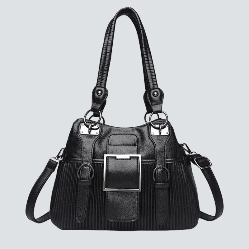 Vertical Stripe Moto Style Square Buckle Large Leather Tote Bag