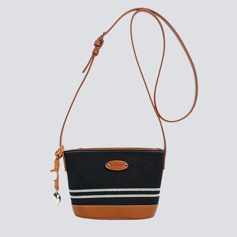Black White Striped Canvas Mini Bucket Crossbody Bag - Image 5