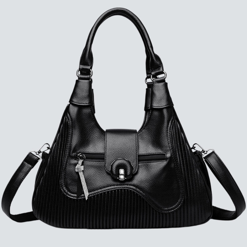 Vertical Stripe Grain Leather Hobo Tote Bag With Rhinestone Clasp