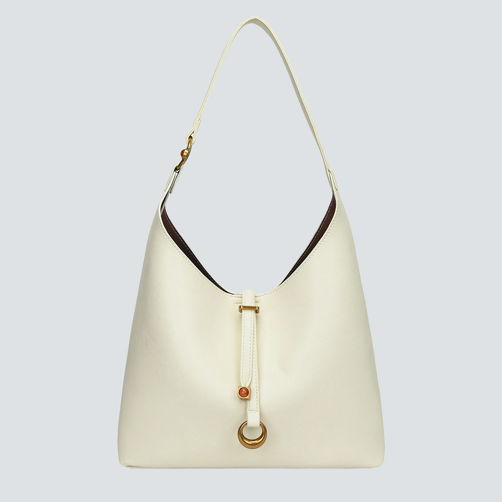 Cream Minimalist Soft Leather Hobo Tote Bag With Agate Hardware - Image 4