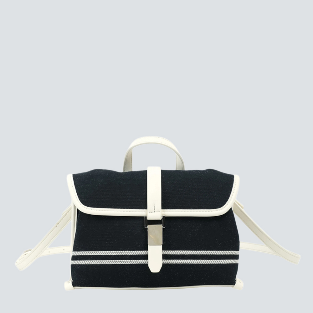 Black White Stripe Canvas & Brown Leather Flap Messenger Bag - Image 3