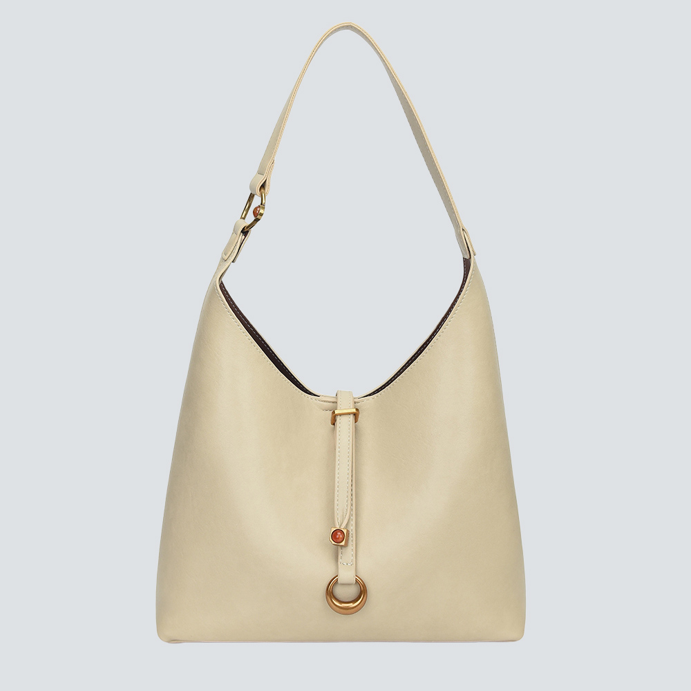 Cream Minimalist Soft Leather Hobo Tote Bag With Agate Hardware
