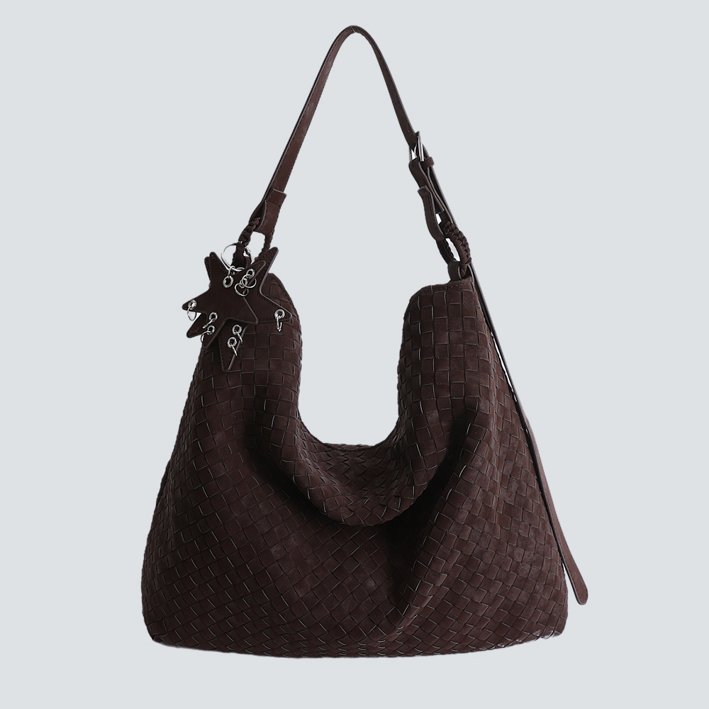 Light Gray Hand-Woven Large Hobo Shoulder Bag With Star Charm - Image 4