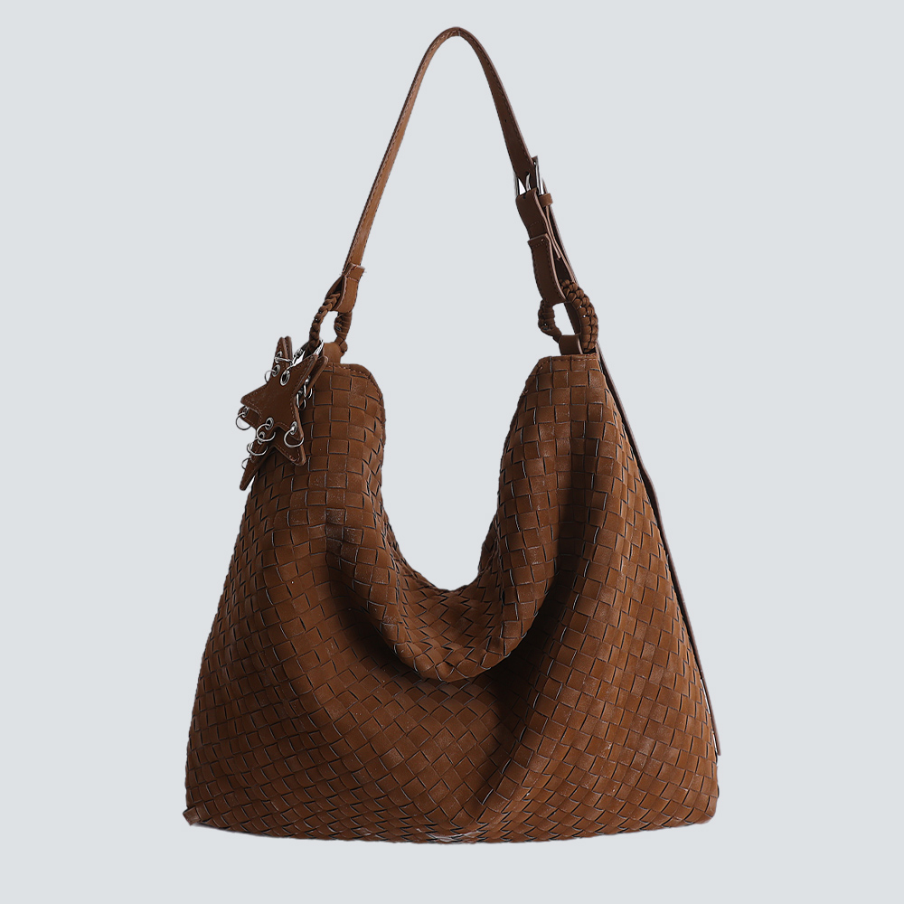 Light Gray Hand-Woven Large Hobo Shoulder Bag With Star Charm - Image 5