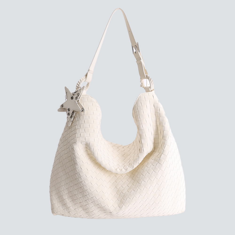 Light Gray Hand-Woven Large Hobo Shoulder Bag With Star Charm - Image 6