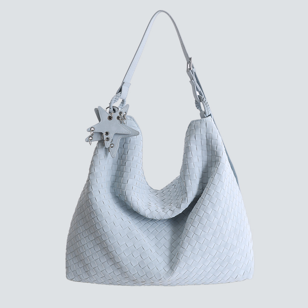 Light Gray Hand-Woven Large Hobo Shoulder Bag With Star Charm - Image 3