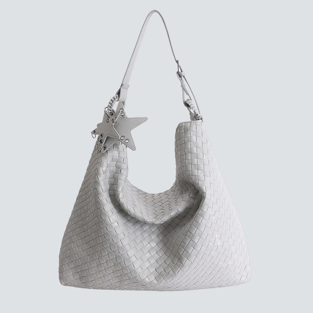 Light Gray Hand-Woven Large Hobo Shoulder Bag With Star Charm