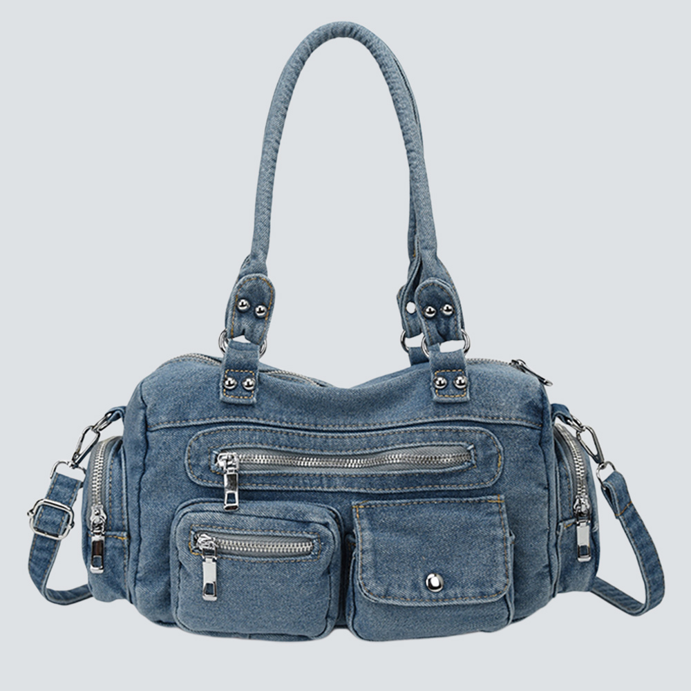 Vintage Washed Denim Multi-Pocket Moto Boston Handbag Crossbody Bag - Image 6