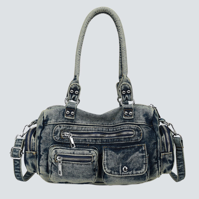 Vintage Washed Denim Multi-Pocket Moto Boston Handbag Crossbody Bag