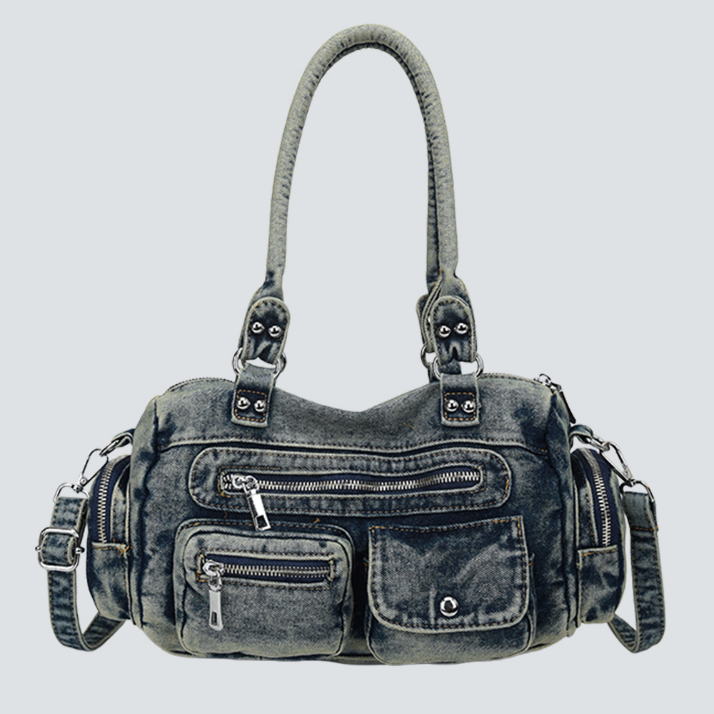 Vintage Washed Denim Multi-Pocket Moto Boston Handbag Crossbody Bag