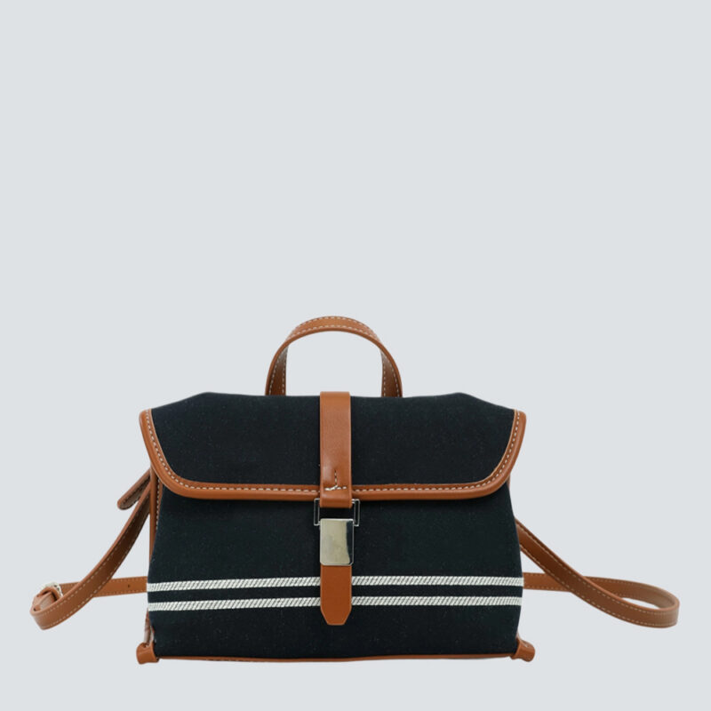 Black White Stripe Canvas & Brown Leather Flap Messenger Bag