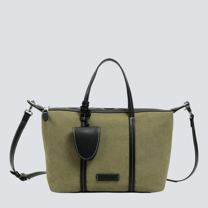 Vintage Army Green Canvas Leather Trim Mini Tote Bag