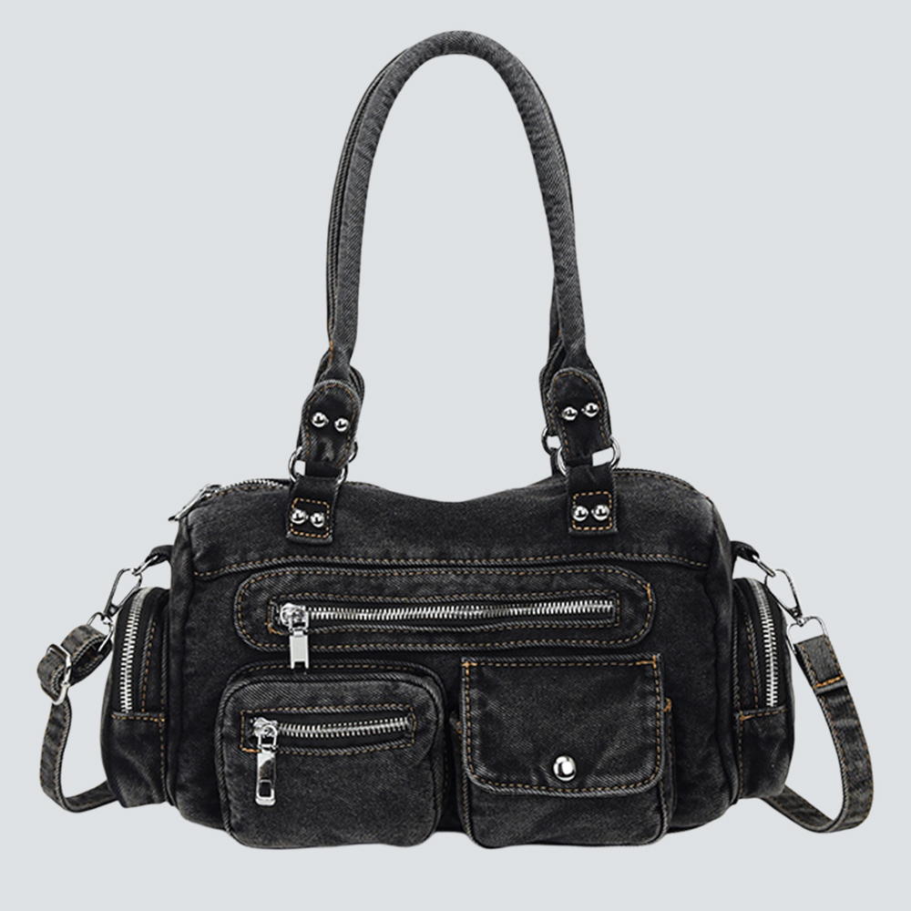Vintage Washed Denim Multi-Pocket Moto Boston Handbag Crossbody Bag - Image 3