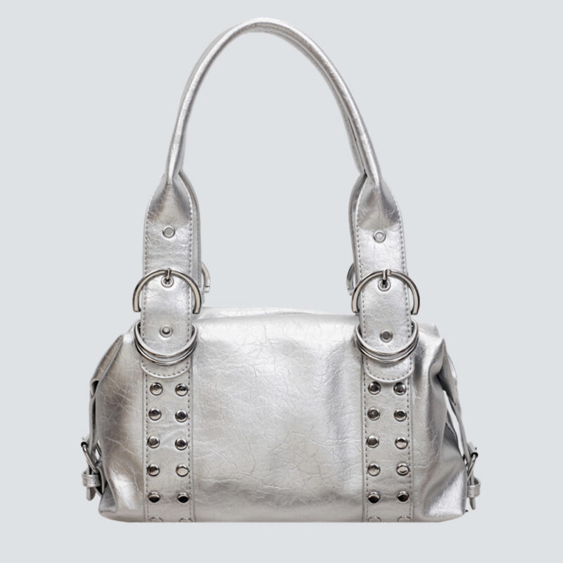 Silver Crackled Leather Rivet Moto Mini Boston Handbag