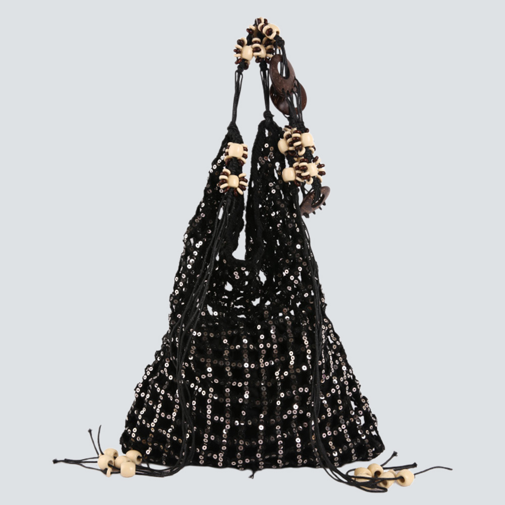Cream Crochet Sequin Mesh Tote Bag - Image 3