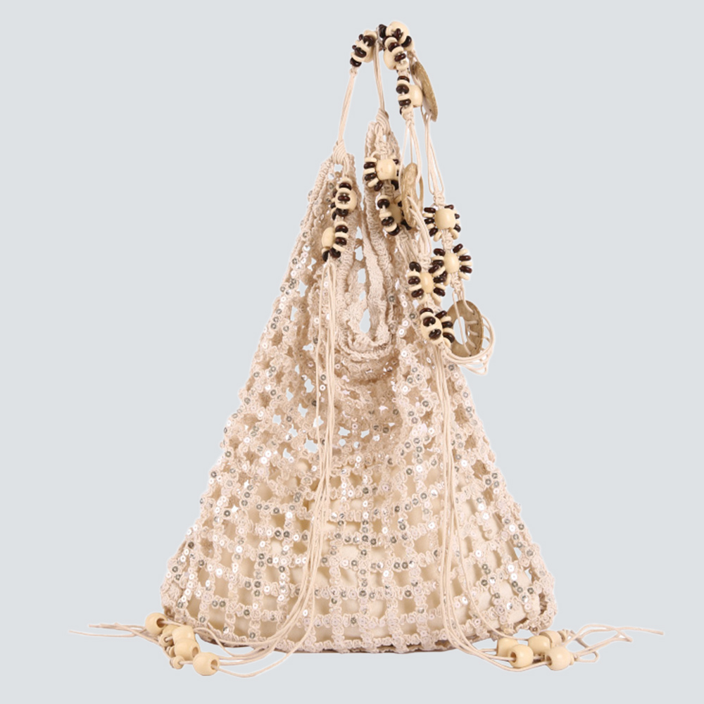 Cream Crochet Sequin Mesh Tote Bag