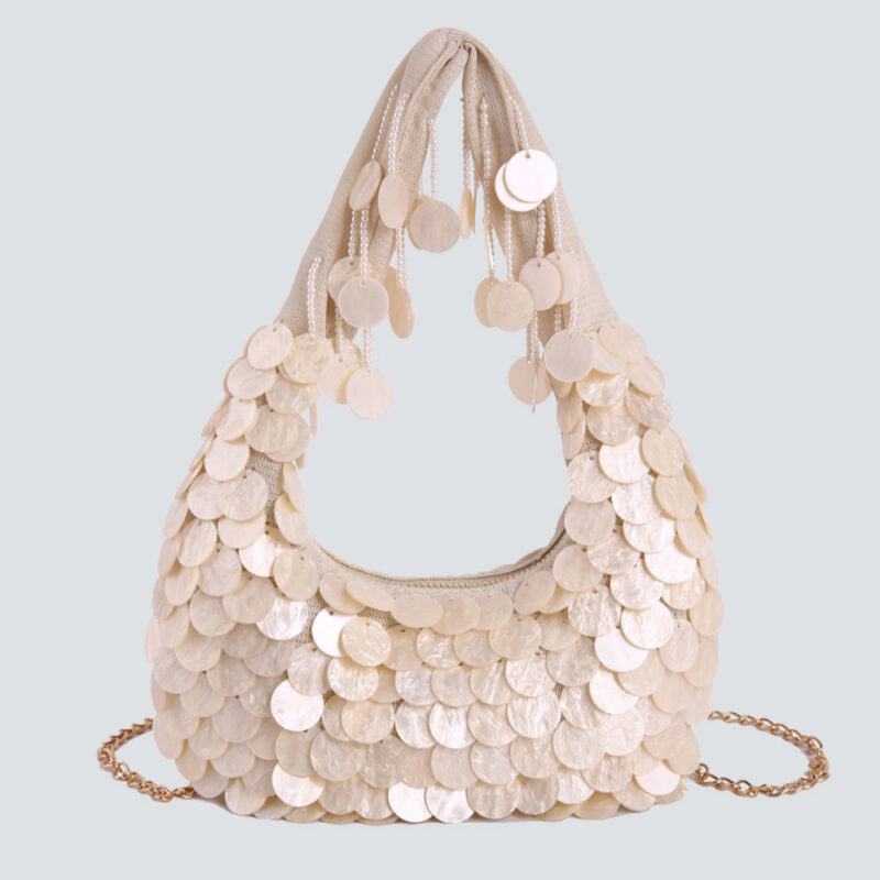 Full Natural Shell & Pearl Dangle Hobo Shoulder Bag
