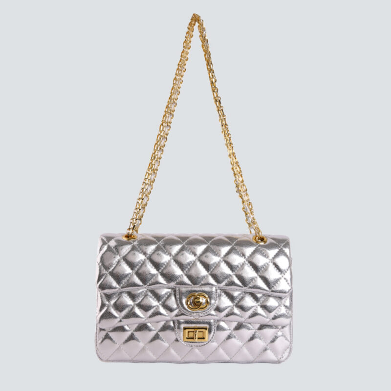 Metallic Silver Quilted Chain Flap Bag