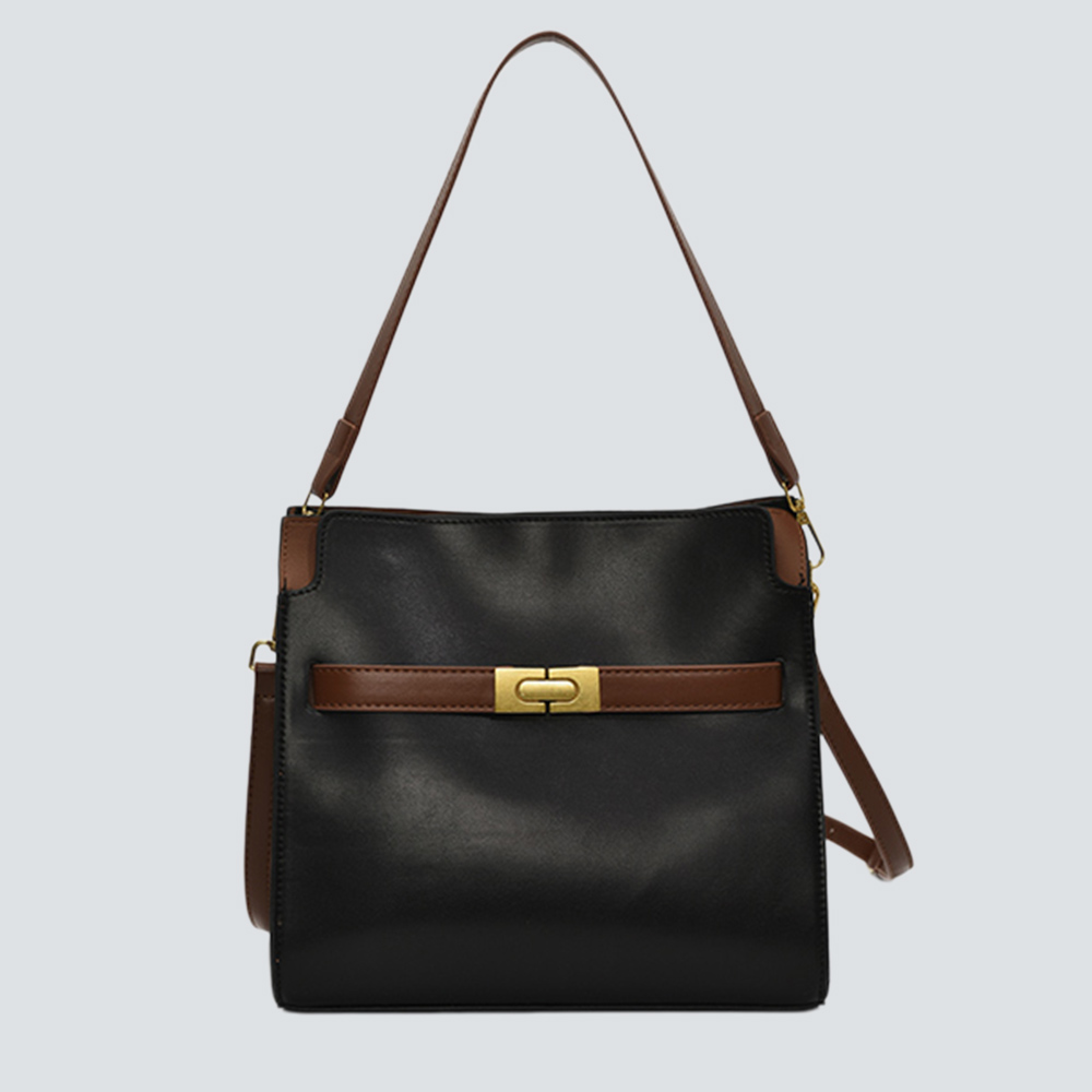 Caramel Color Block Leather Turn-Lock Large Commute Bucket Tote Bag - Image 3