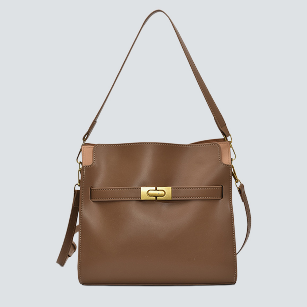 Caramel Color Block Leather Turn-Lock Large Commute Bucket Tote Bag