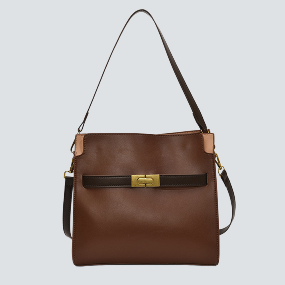 Caramel Color Block Leather Turn-Lock Large Commute Bucket Tote Bag - Image 4