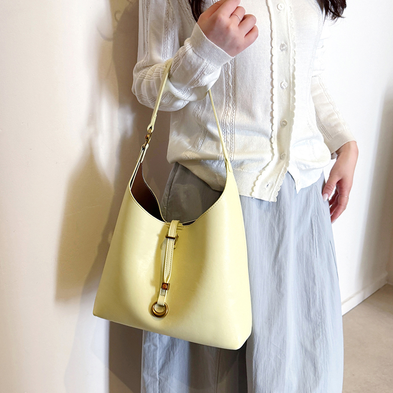 Cream Minimalist Soft Leather Hobo Tote Bag With Agate Hardware - Image 10