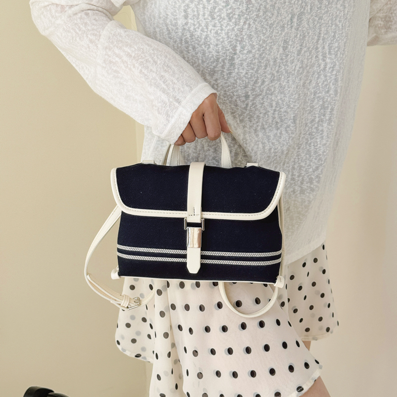 Black White Stripe Canvas & Brown Leather Flap Messenger Bag - Image 4