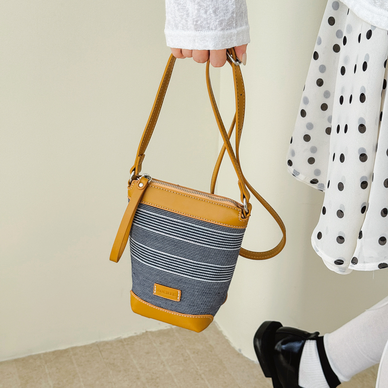 Vintage Blue Striped Canvas Leather Mini Bucket Crossbody Bag - Image 5