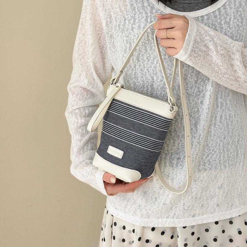 Vintage Blue Striped Canvas Leather Mini Bucket Crossbody Bag - Image 6