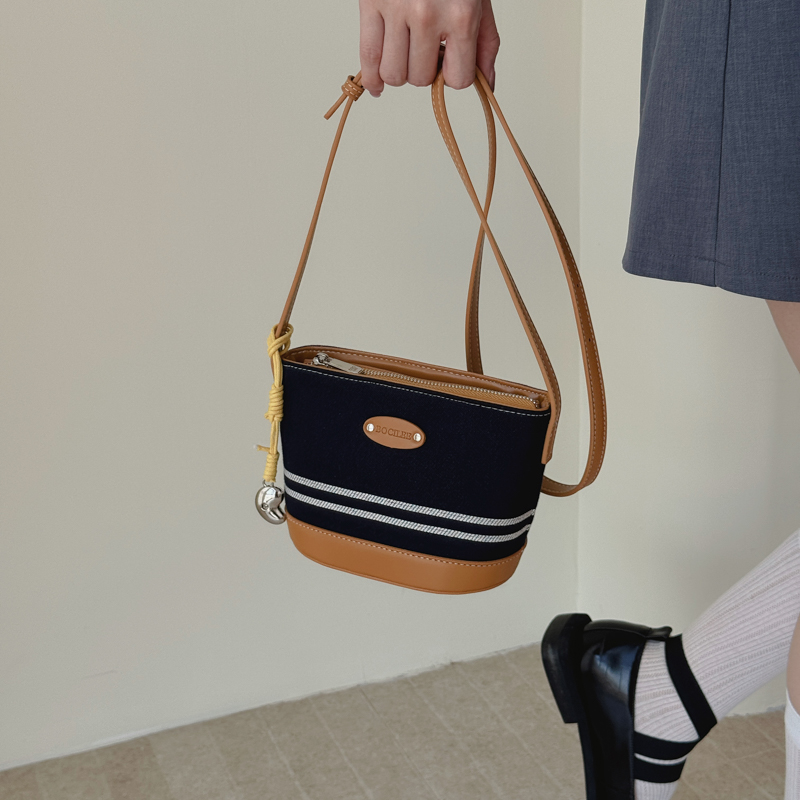 Black White Striped Canvas Mini Bucket Crossbody Bag - Image 8