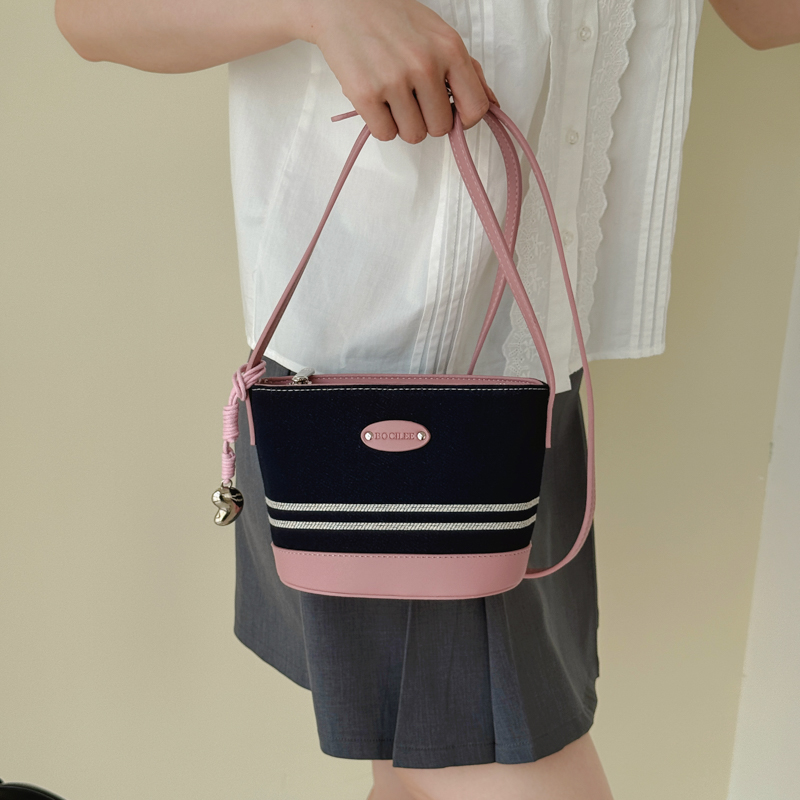 Black White Striped Canvas Mini Bucket Crossbody Bag - Image 6