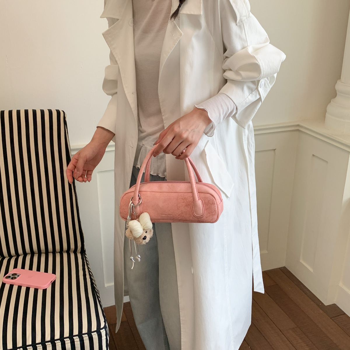 Off White Suede Mini Boston Handbag - Image 7
