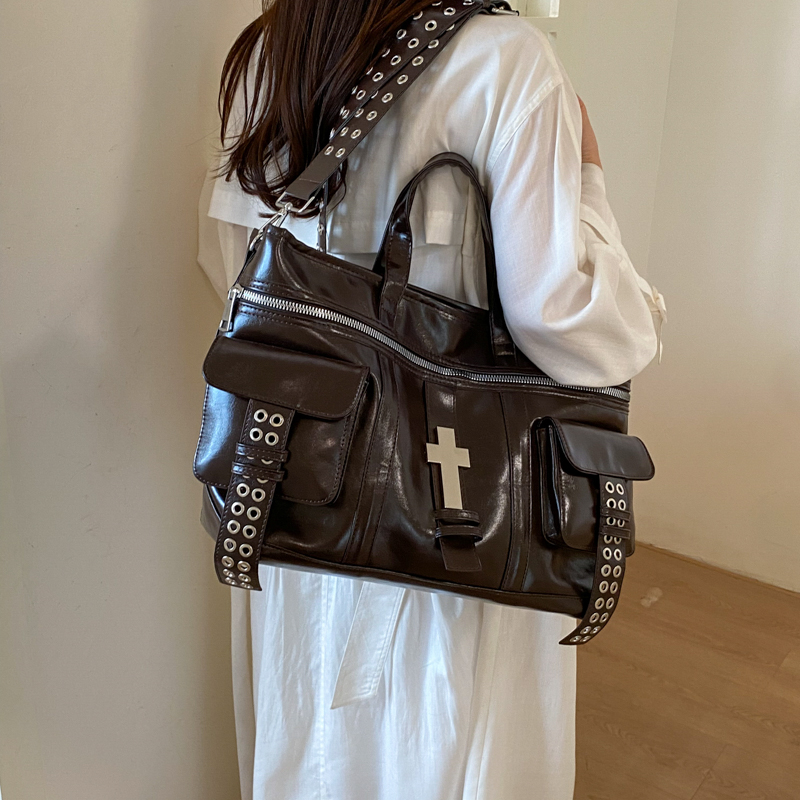 Glossy Oil Wax Leather Cross Rivet Multi-Pocket Briefcase Tote Bag - Image 5
