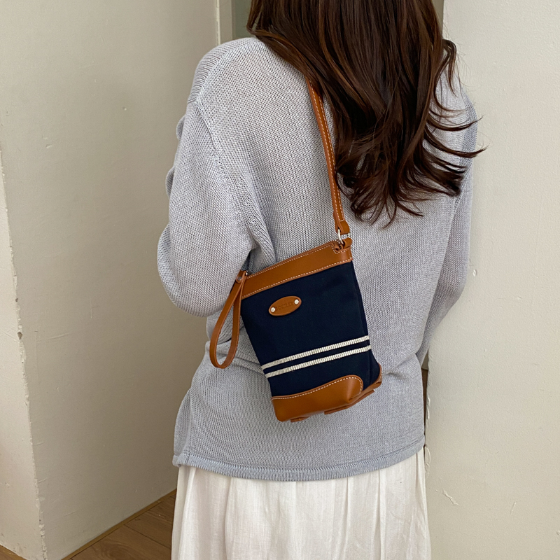 Black White Striped Canvas Leather Mini Bucket Crossbody Bag - Image 6
