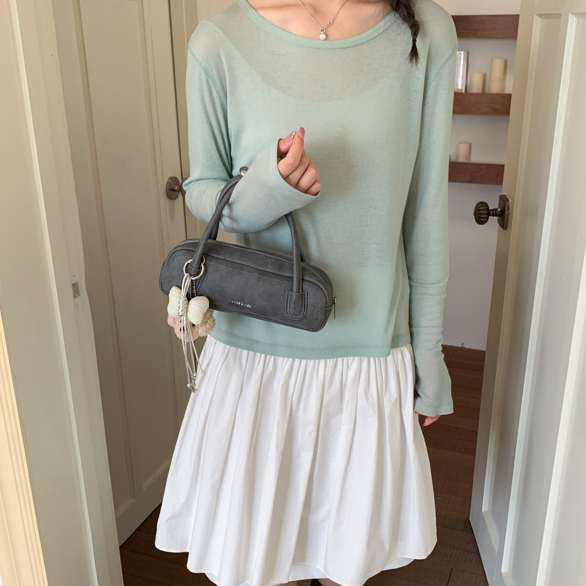 Off White Suede Mini Boston Handbag - Image 6