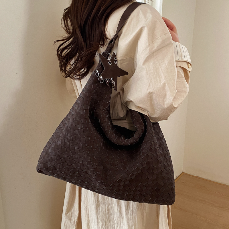 Light Gray Hand-Woven Large Hobo Shoulder Bag With Star Charm - Image 7